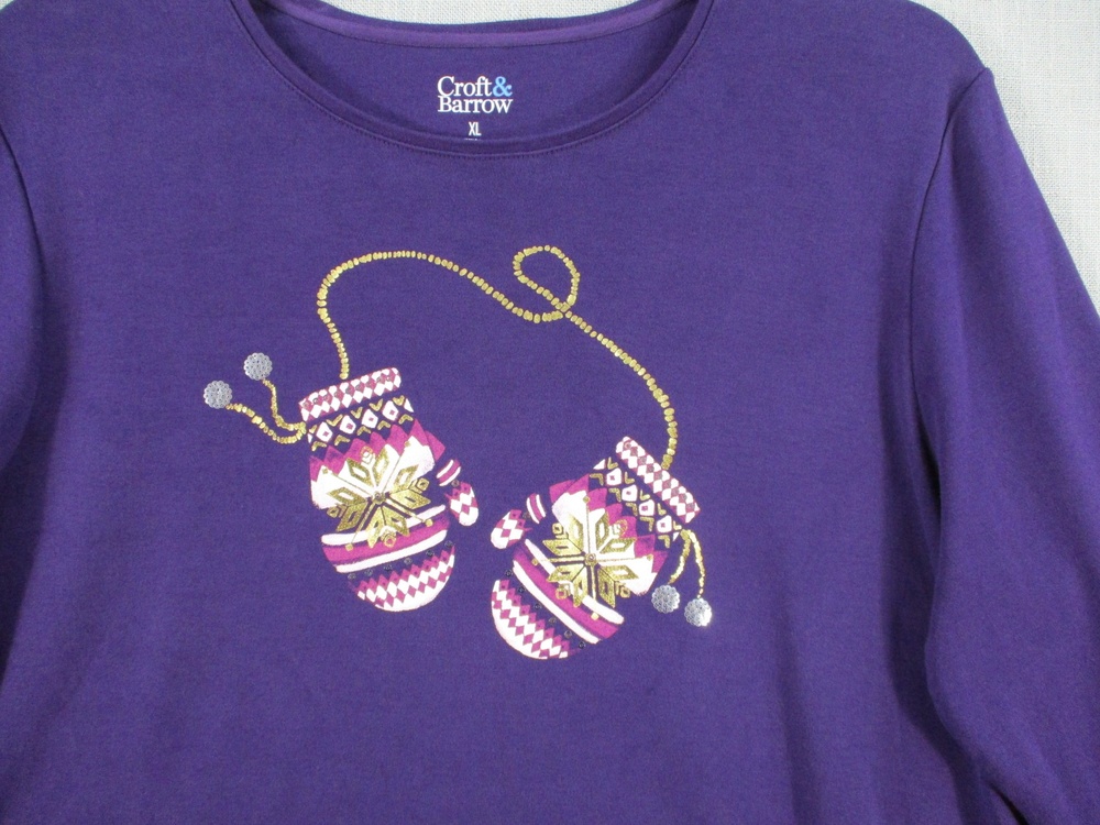 Croft &‎ Barrow Purple Winter Festive Cozy Graphic Mitten T-Shirt Womens Size XL